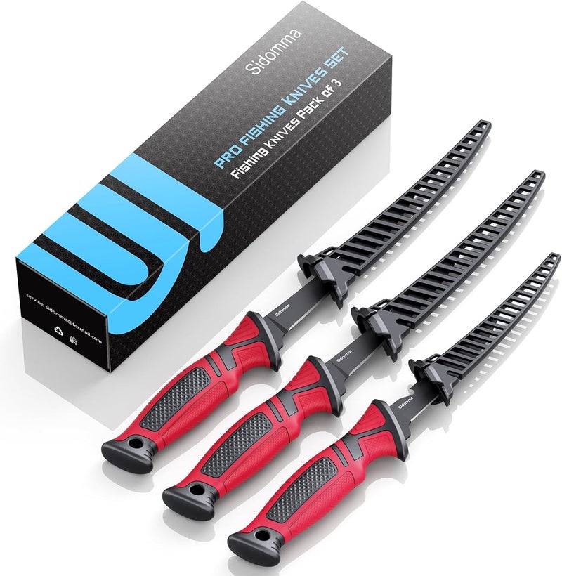 Sidomma Fillet Knife and Bait Knife Set Performance 5"-6"-7" G4116 German Flex Razor Sharp Stainless-Steel Blade with Sheath for Filleting and Boning, Pro Fishing Gear and Equipment Tools, Cool Fishing Gift for Men (Black-Red) - Image 1